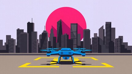 Obraz premium Quadcopter drone on rooftop landing pad with city skyline vector illustration