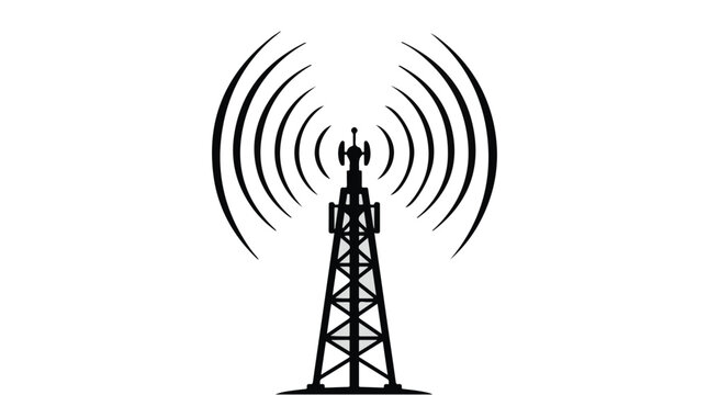 Cell tower telecommunication mast with signal waves emission black icon on white background for technology and communication concept