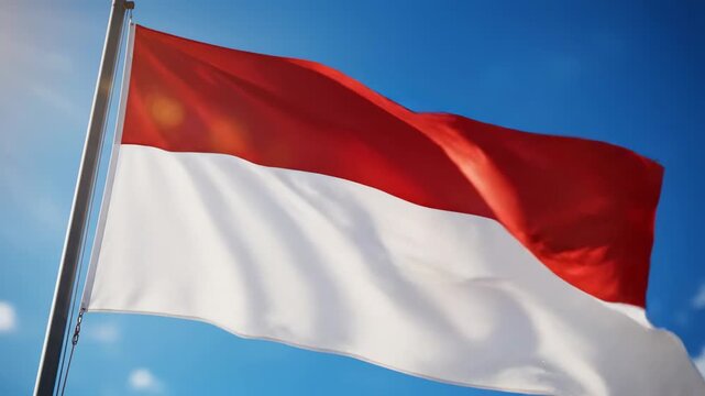 Waving Indonesian flag with red and white bands against a bright blue sky with clouds, national symbol, patriotism