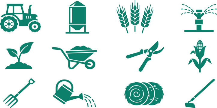 Agriculture and smart farming green flat icon set vector illustration with tractor silo