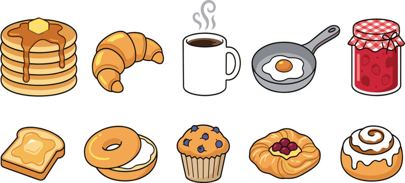 Breakfast food icon vector set with pancakes coffee egg pastries and strawberry jam isolated on white