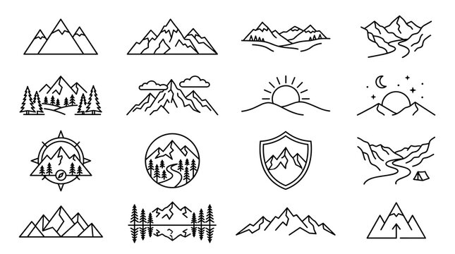 Minimal mountain outline illustration and outdoor logo vector set isolated on white background