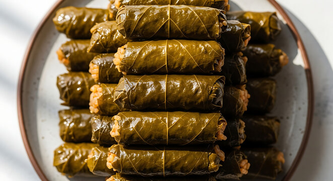 Stacked dolma rolls on a plate close up traditional mediterranean cuisine