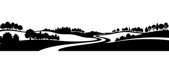 Obraz premium Black and White Landscape Silhouette with Winding Road and Trees