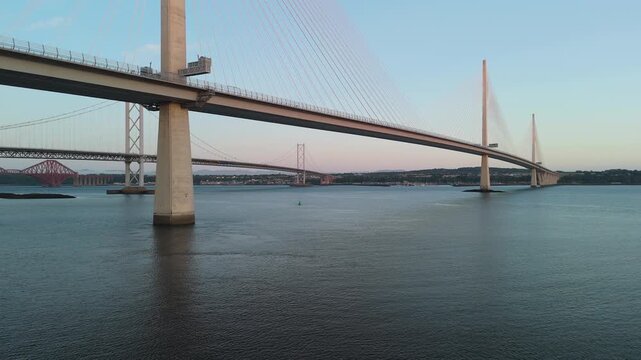 queensferry road bridge under bridge aerial flyby in scotland