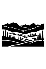 Fototapeta premium Rural landscape illustration with mountains houses and cypress trees in black and white