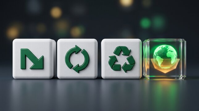 White cubes with 3R icons reduce reuse recycle next to a glass cube with a glowing green Earth planet, concept of ecology, environmental protection, circular economy, and global esg responsibility.