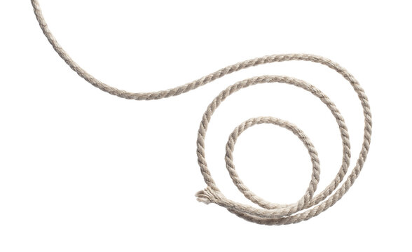 Natural braided cotton rope arranged in spiral coil, isolated on cutout transparent background
