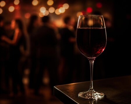 Full glass of red wine on table edge, blurred party background.