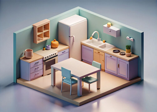 A 3D isometric rendering of a small kitchen with a dining area, featuring pastel-colored cabinets and appliances