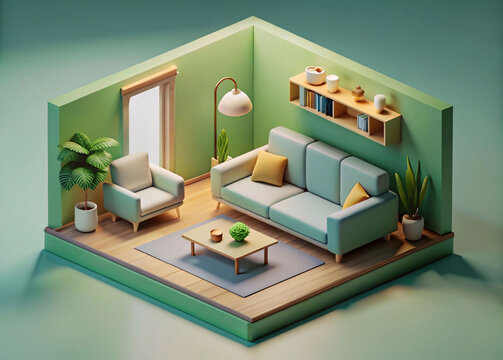 A cozy living room with a light blue couch and armchair, surrounded by plants and a coffee table in a serene and peaceful atmosphere.