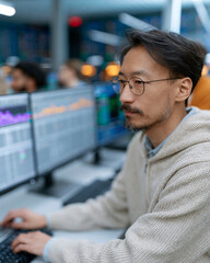Obraz premium Focused man studies financial charts on multiple monitors. He wears glasses and a cozy hoodie. His calm expression shows concentration and dedication. Ideal for stock images in finance, trading