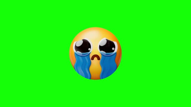 Crying emoji animation showing a sad yellow face with large flowing blue tears streaming down its cheeks isolated on a vibrant green screen background for professional video motion design editing proj