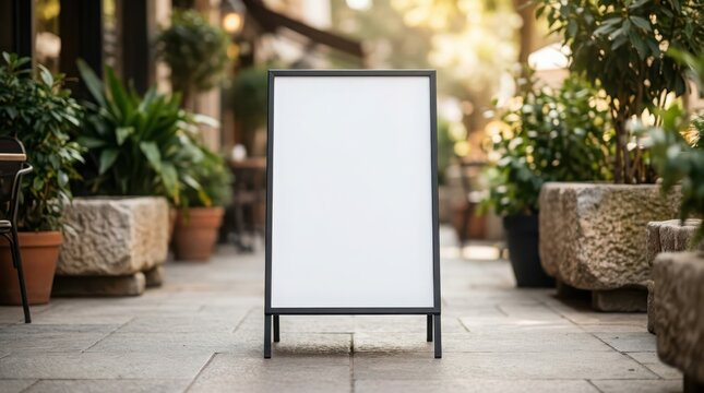 Blank white sandwich board sign standing on a stone sidewalk in a sunny outdoor cafe setting