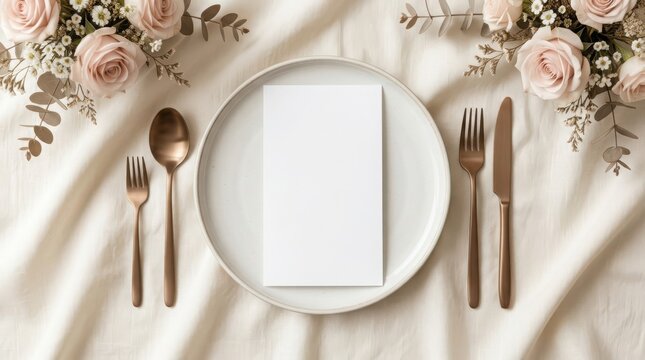 Empty Plate Setting with Blank Menu Card and Floral Decoration on a Soft Fabric Tablecloth Background