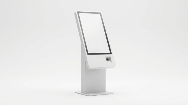 Interactive digital kiosk with blank touchscreen display standing in a bright minimalist studio space