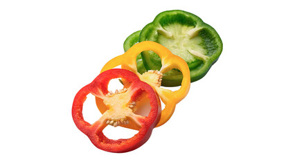 Fresh sliced red and green bell pepper rings isolated on transparent background cut out © Ivan