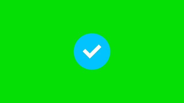 Animated blue checkmark on green screen for easy chroma key compositing