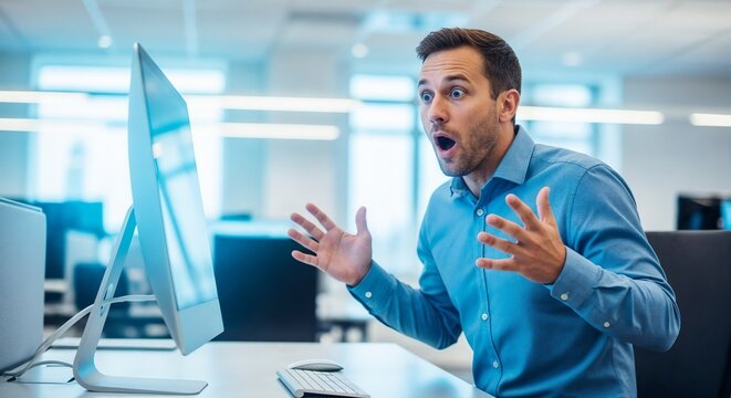 Shocked worker reacting in surprise at the computer screen in modern office environment. Shocked worker expresses disbelief and frustration with hands raised in emotional response.
