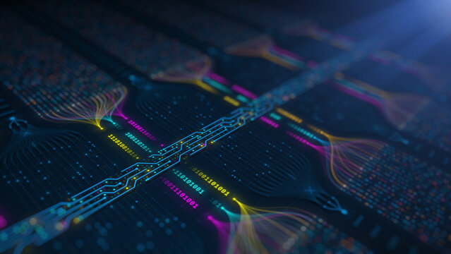 Abstract big data visualization and AI neural network concept with digital circuit lines illustration