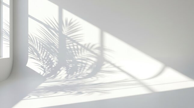 Sunlight casting palm leaf shadows on a white wall in a minimalist interior setting with soft light