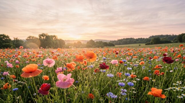 Blooming wild flowers in a meadow at sunset with soft golden light and a peaceful summer atmosphere