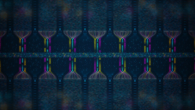 Abstract big data visualization and AI neural network concept with digital circuit lines illustration