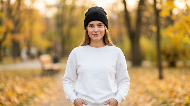 Young woman wearing a black beanie and white sweater standing in an autumn park with golden foliage