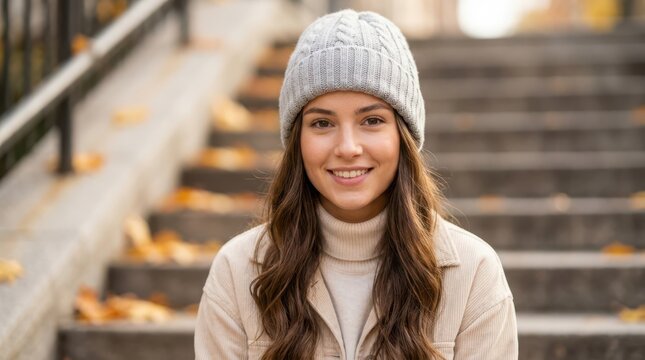 Smiling young woman wearing a knitted beanie hat sitting on outdoor stairs in autumn season style