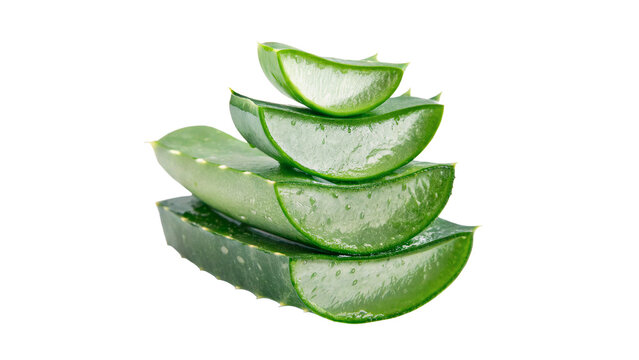 Fresh green aloe vera sliced pieces cosmetics isolated on transparent background cut out