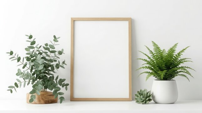 Empty Wooden Picture Frame Standing on a White Table with Potted Green Plants in a Minimalist Room