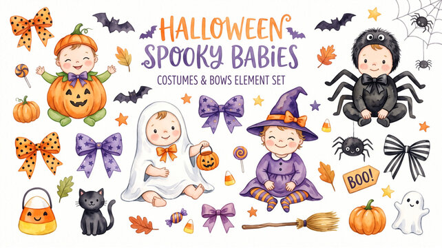 set of spooky watercolor halloween cute babies in costumes elements
