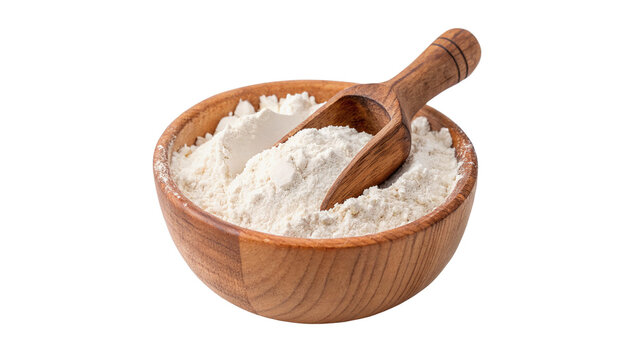 Wooden bowl filled with white wheat flour ingredient isolated on transparent background cut out