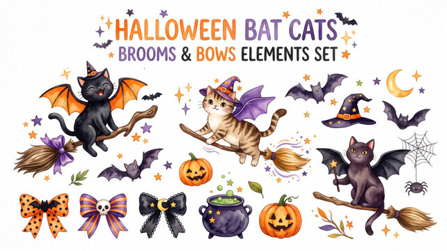 set of spooky watercolor halloween cute bat cats elements