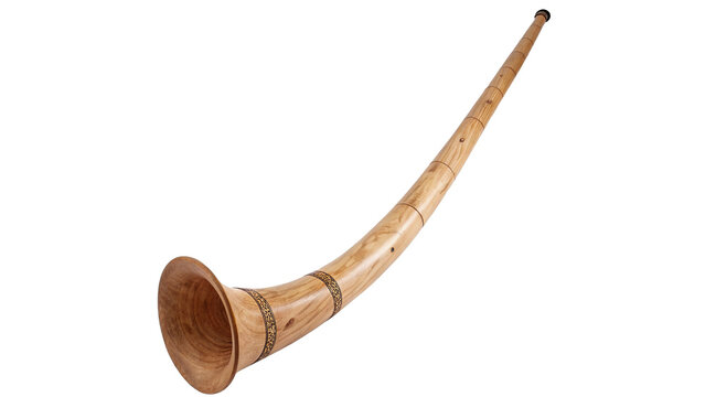 Traditional wooden alpine horn musical wind instrument isolated on transparent background cut out