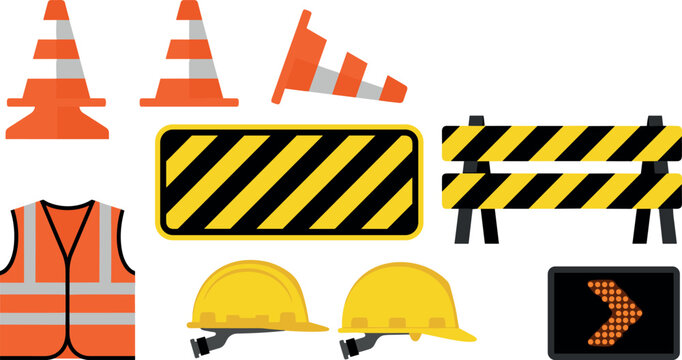 Road Construction Safety Equipment Vector Icon Set Featuring Traffic Cones Barriers Hard Hats Safety Vest And Arrow Sign For Warning Traffic Management Graphic Designs