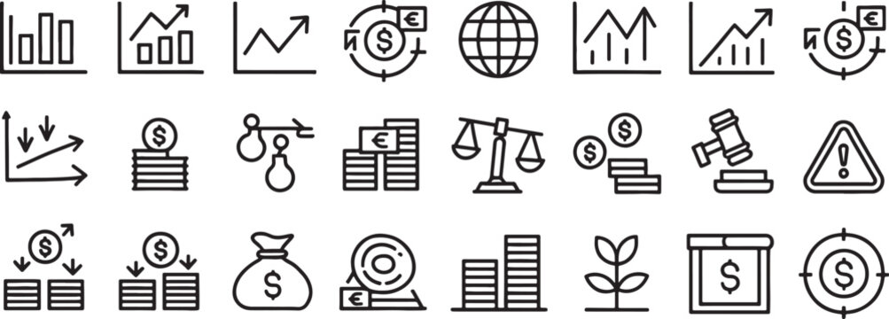Icons Representing Financial Growth, Investment, and Economic Concepts Featuring Finance, Economy, Business with Chart and Graph