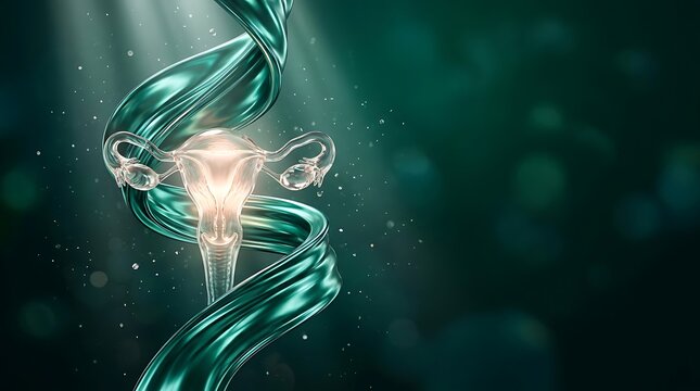 Teal Ribbon Entwined with Glowing Uterus for Cancer Awareness