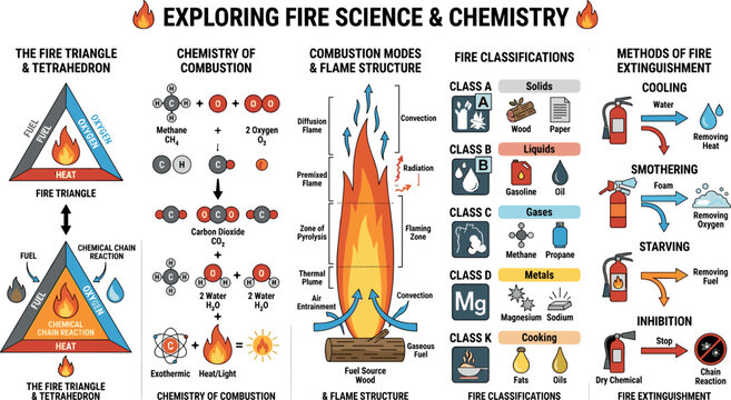 Fire Science And Chemistry Infographic Vector Poster Featuring Triangle Tetrahedron Combustion Modes Classifications Extinguishment Methods For Educational School Scientific Materials