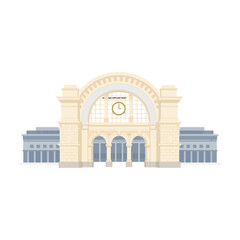 Obraz premium Classical railway station facade with arched window and clock, flat vector illustration