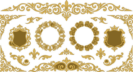Ornate Golden Baroque Vintage Vector Set Featuring Royal Shield Frames Fleur De Lis Dividers And Decorative Corners For Premium Luxury Invitation Certificate Designs © Rtazmina
