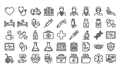 Fototapeta premium Medical and Healthcare Line Icon Collection Vector with Hospital Heart and Doctor Symbols