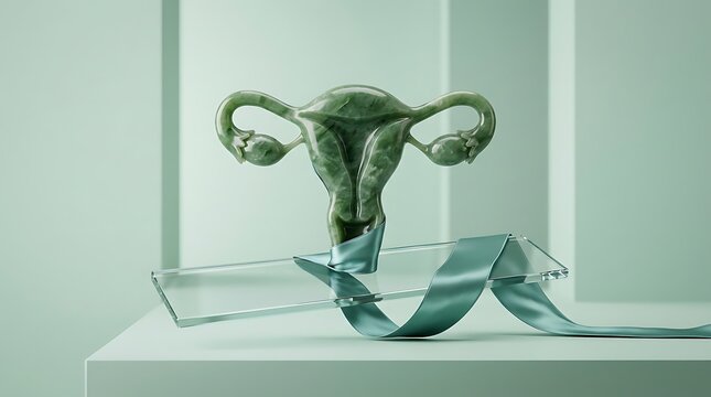 Green Uterus Model with Teal Ribbon for Ovarian Cancer Awareness