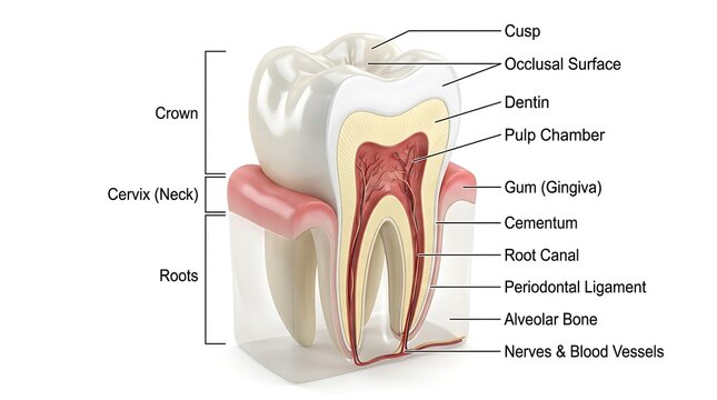 Detailed diagram of a human tooth with labeled parts and structures, structure