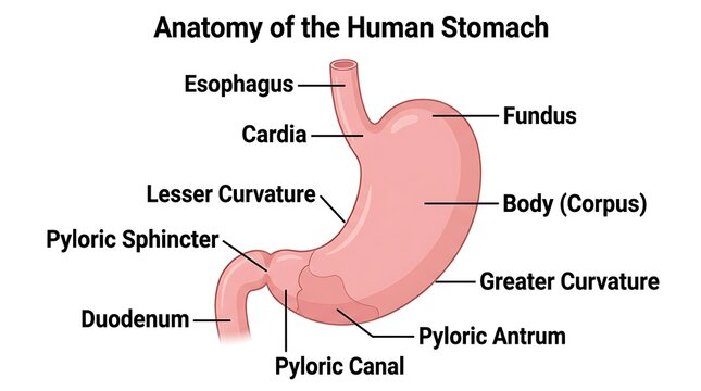 Anatomy of the human stomach with labeled parts and structures, greater curvatur
