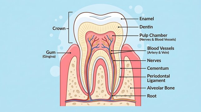 Detailed diagram of a tooth showing enamel dentin pulp supporting structures