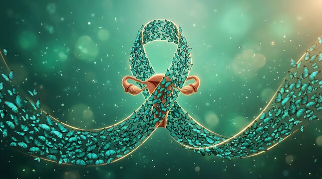 Ovarian Cancer Awareness Month Teal Ribbon with Uterus and Butterflies