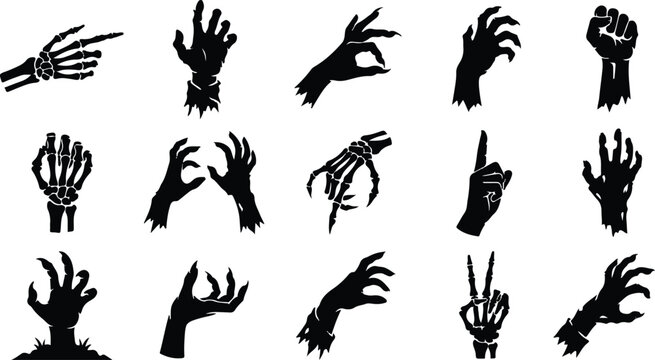 Collection of 15 black silhouette zombie and skeleton hands for halloween decorations