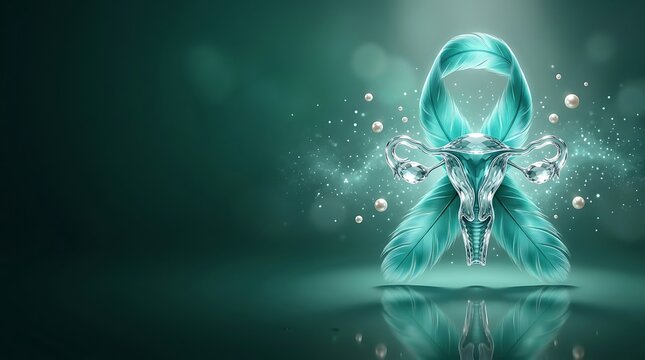 Ovarian Cancer Awareness Teal Ribbon and Crystal Uterus Illustration