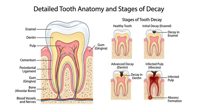 Detailed tooth anatomy and stages of decay diagram with dental care, oral health